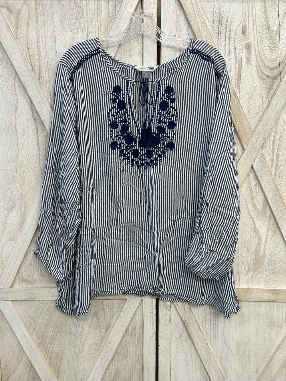 Old Navy Navy and White Striped Embroidered Peasant Tunic